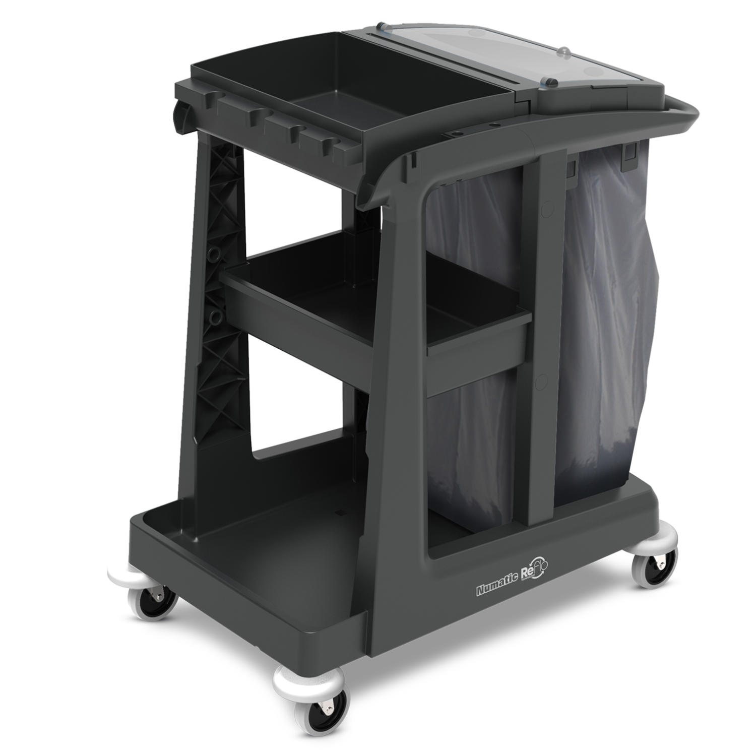 Reinigungswagen Numatic EM 1 mit 1 Tablar, Ablage und Abfalleinheit